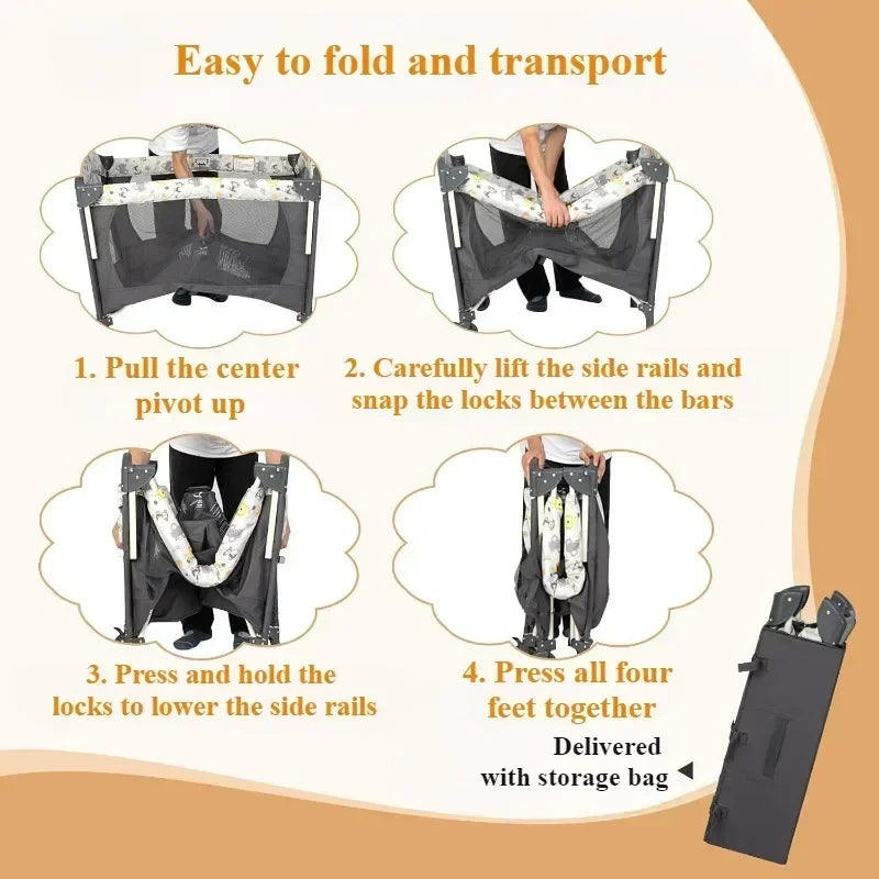 4 in 1 Portable Baby Crib Nursery Center Foldable Travel Playard with Bassinet Mattress Toys Changing Table for Newborn Infant