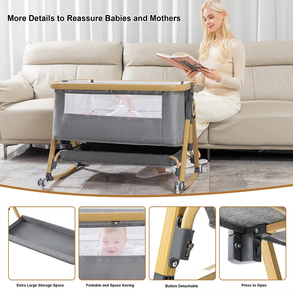 Baby Crib 3 in 1 Bedside Crib Baby Playpen Adjustable Height Rotatable Wheels Cozy Mattress Mosquito for Newborn Baby Infants