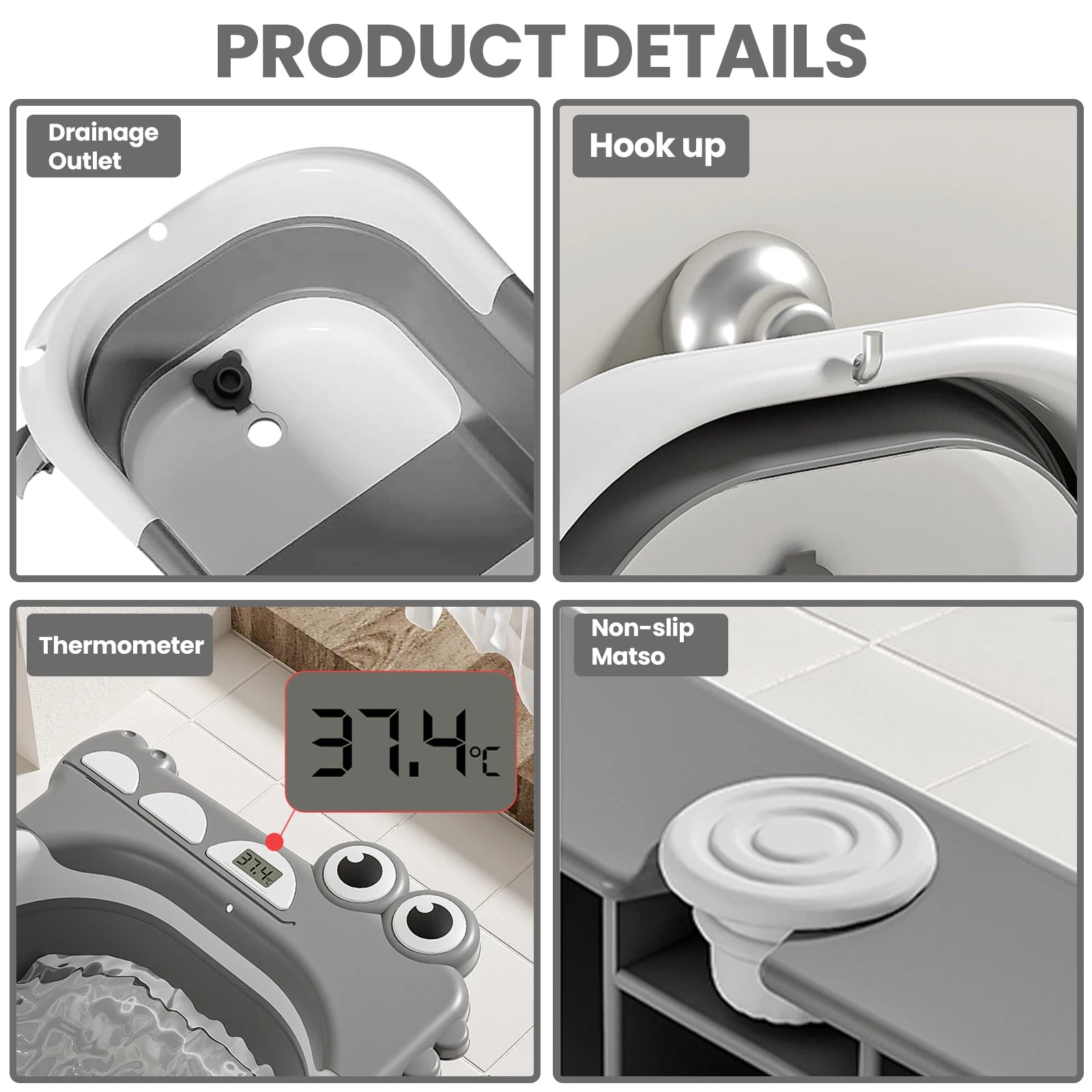 Foldable Baby Bath with Baby Bath Cushion and Built-In Thermometer – Children's Bath with Baby bath mat