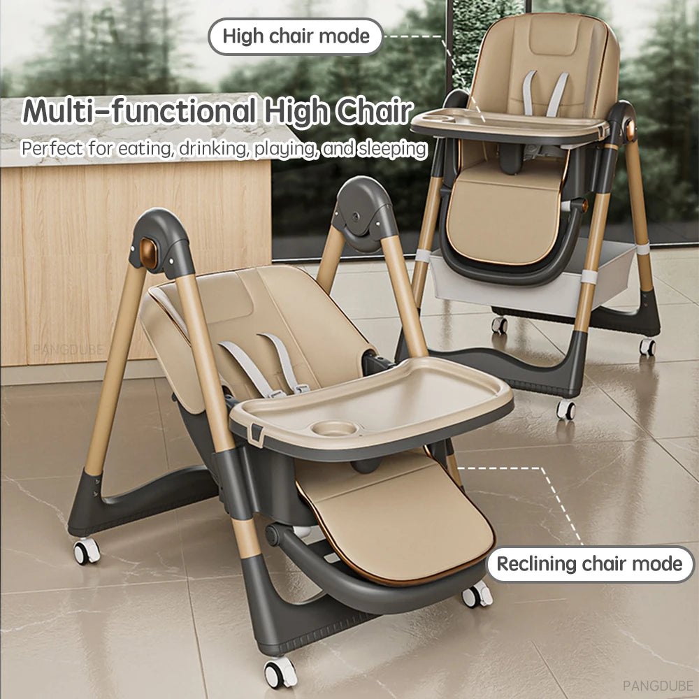 PANGDUBE Baby High Chair Adjustable Height Foldable Dining Chair W/Wheels & Tray Foldable Reclining Kid Feeding Seat For Dinner
