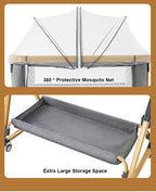 Baby Crib 3 in 1 Bedside Crib Baby Playpen Adjustable Height Rotatable Wheels Cozy Mattress Mosquito for Newborn Baby Infants